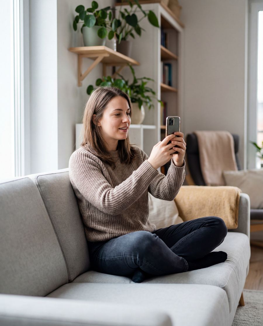 Content creator filmt zichzelf op de bank — authentieke UGC stijl